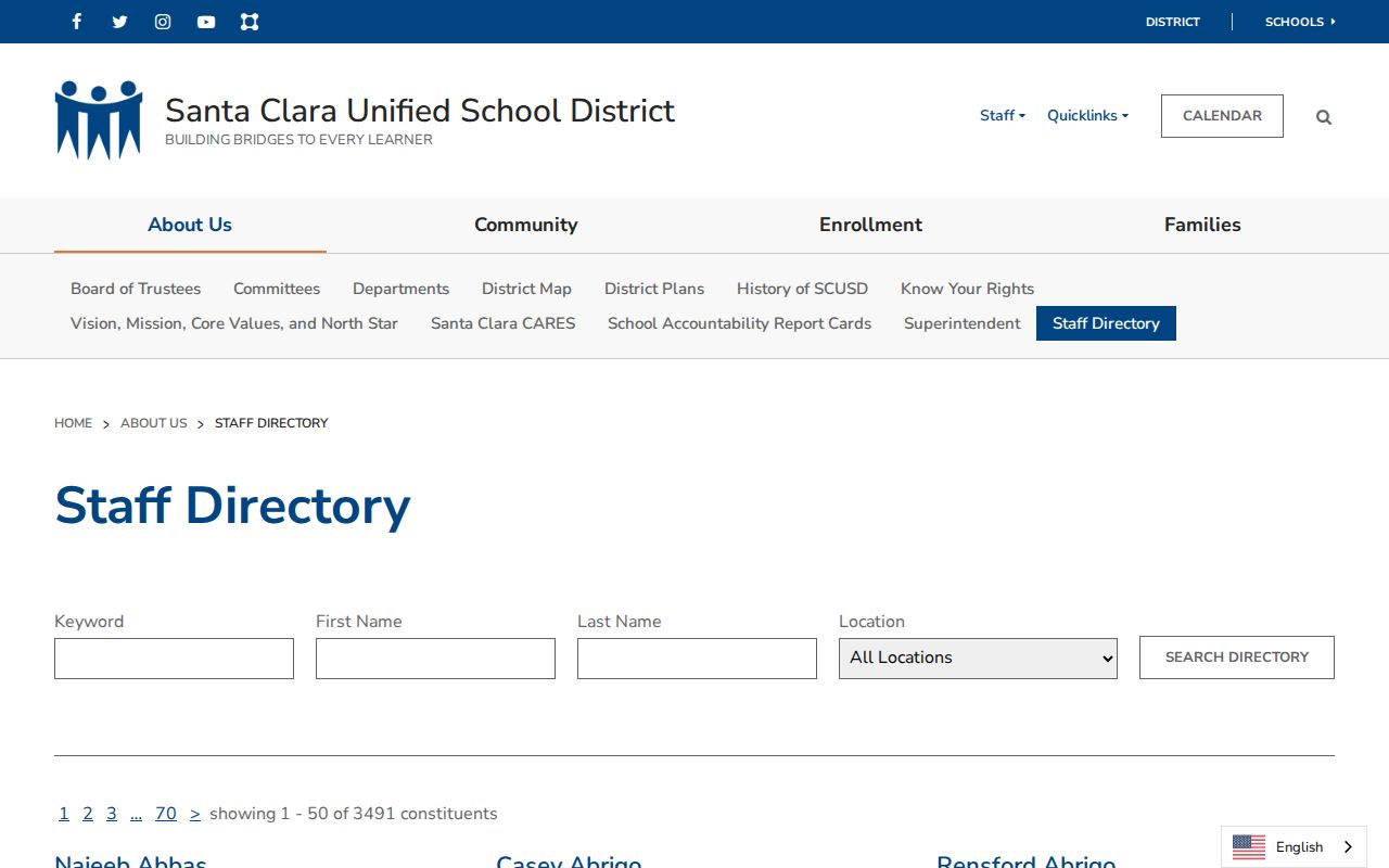 Santa Clara people directories screenshot of the SCUSD staff directory