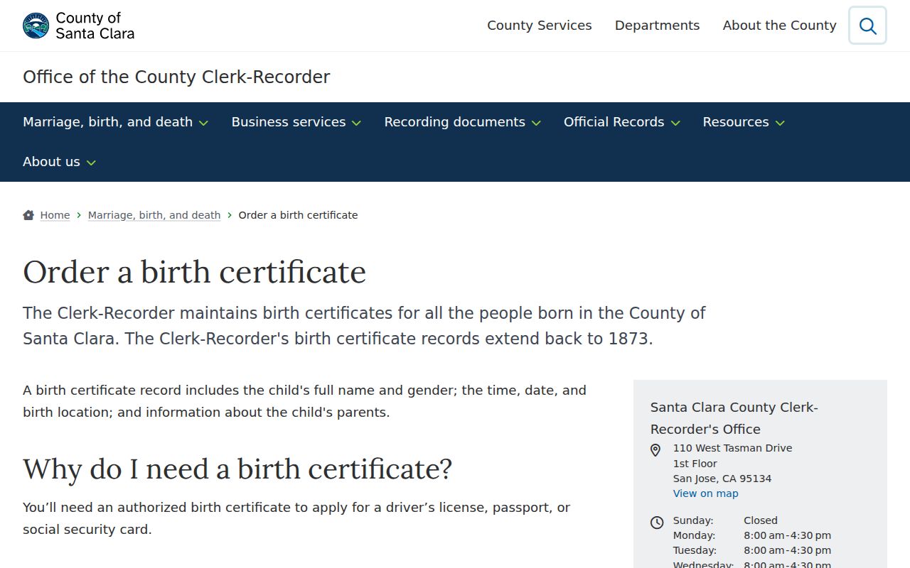 Santa Clara public records birth certificate copy requirements
