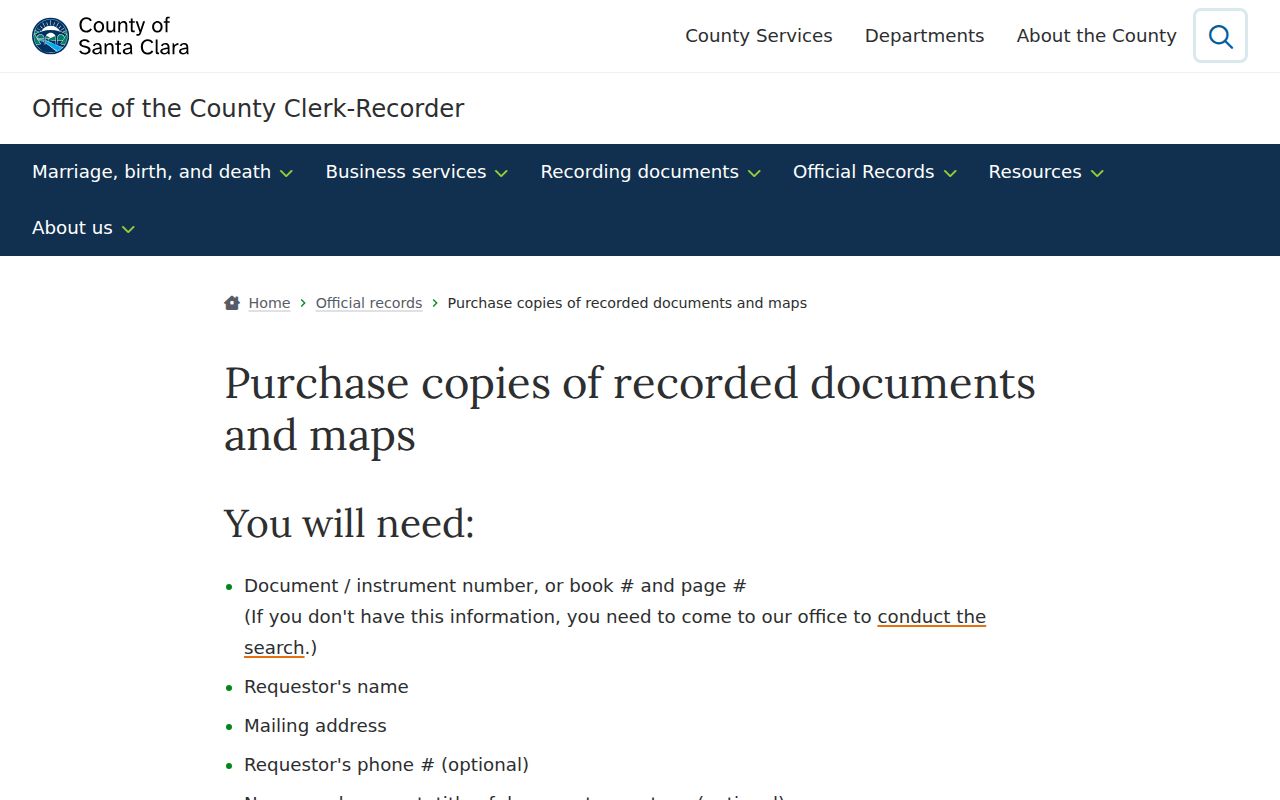 Santa Clara public records official-record copy request instructions