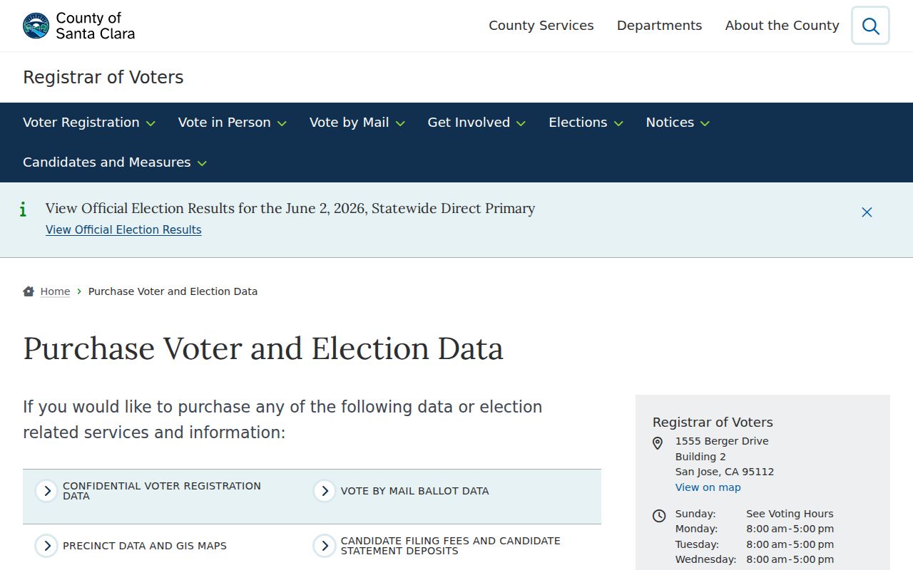 Santa Clara voter registration records and county voter election data rules